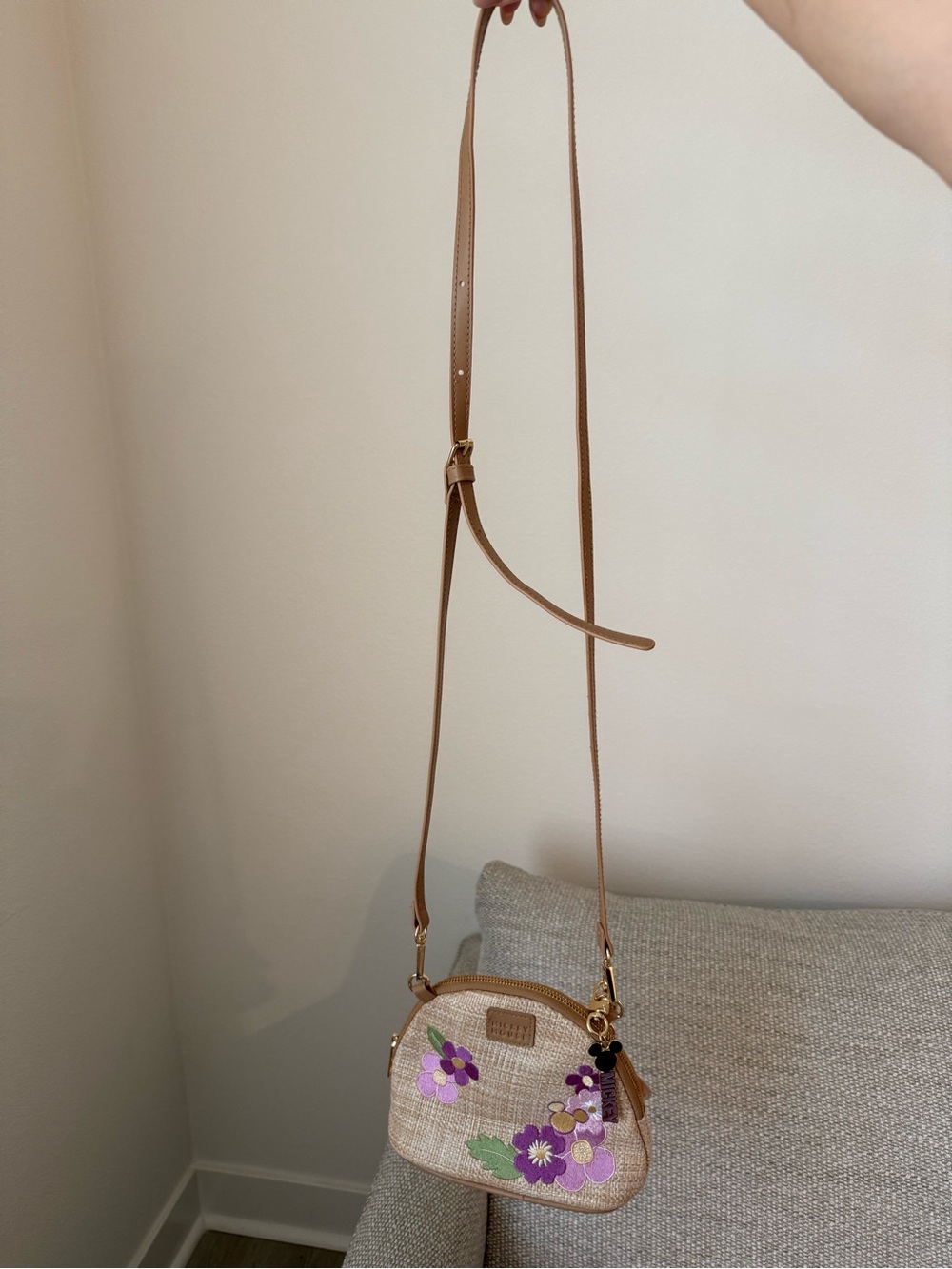 Disney Tan Crossbody Bag with Purple Floral Embroidery
